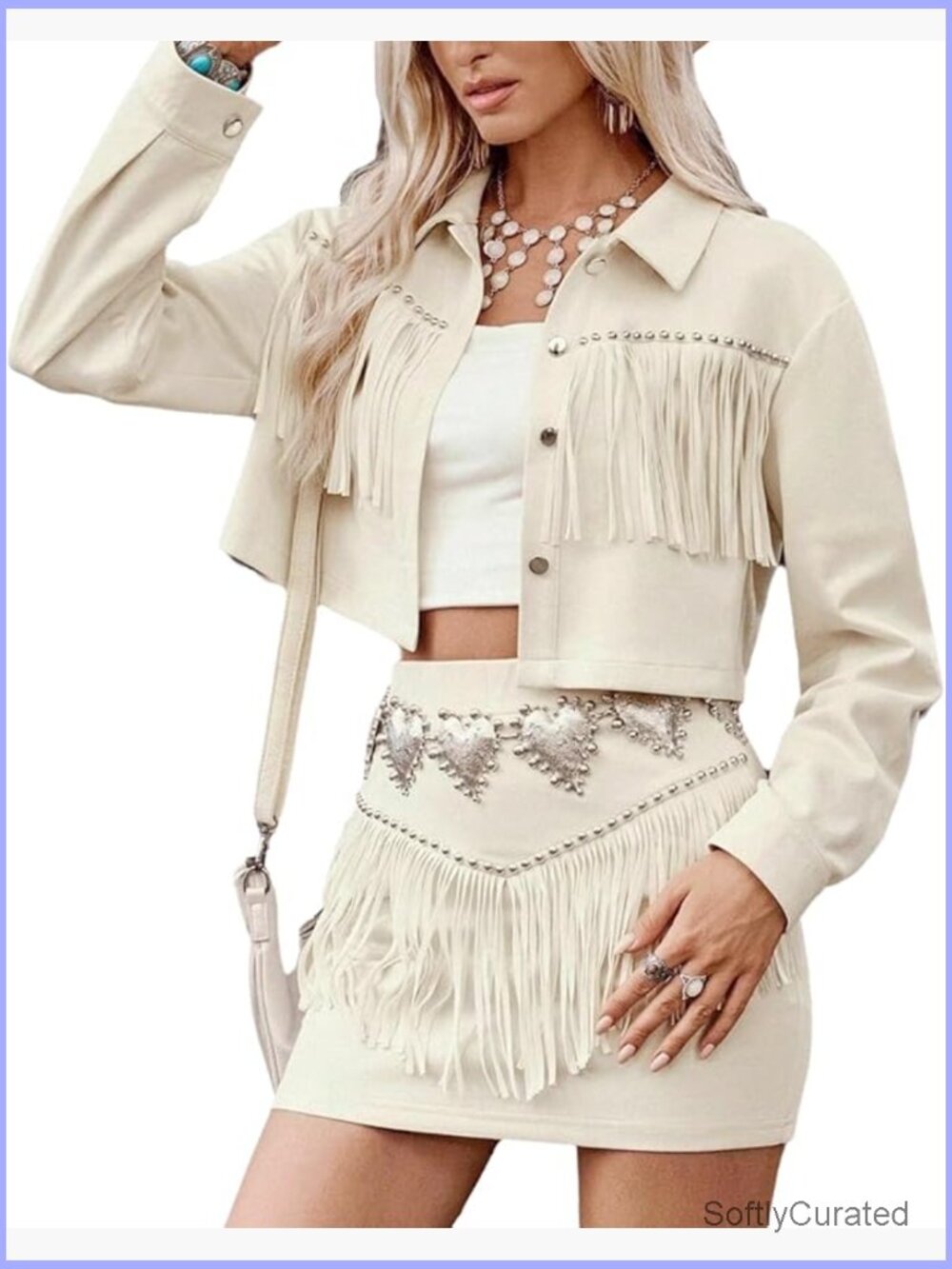 2 Piece Faux Suede Fringe Studded Blouse and Mini Skirt Set Boho Western Outfit